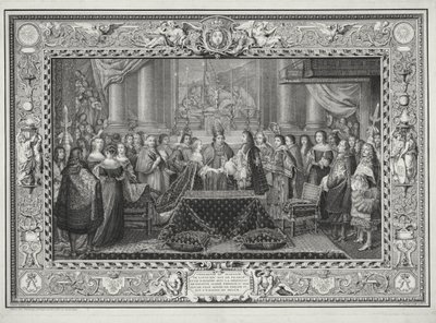 Marriage Ceremony of Louis XIV King of France and Navarre, and the Infanta, Maria Theresa of Austria daughter of Philip IV, King of Spain in 1660, engraved by B. Jeaurat, 1731 by Charles Le Brun